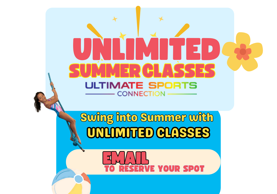 This summer Ultimate Sports Connection is offering unlimited summer gymnastics recreation classes for toddlers, kindergardners and more. Reserve your spot today
